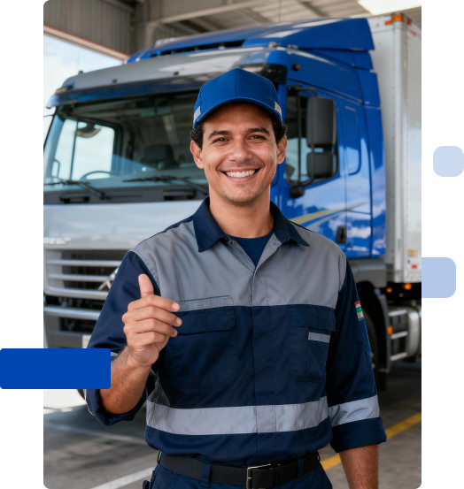 Motorista uniformizado de azul e cinza com prancheta em frente a caminhão na garagem