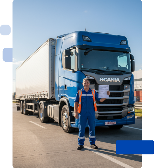 Caminhoneiro com macacão azul segurando documento ao lado de carreta Scania na estrada